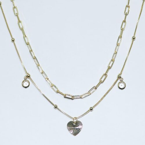 COLAR DUPLO CORRENTE E VENEZIANA COM CORAÇÃO E CRISTAIS 35+5CM DE EXTENSOR