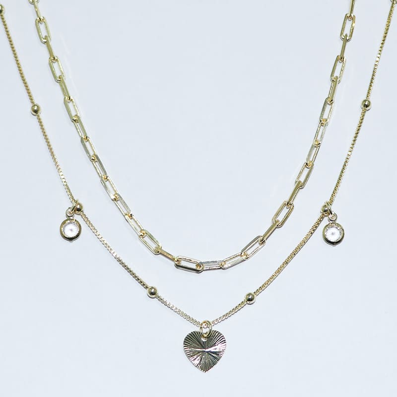 COLAR DUPLO CORRENTE E VENEZIANA COM CORAÇÃO E CRISTAIS 35+5CM DE EXTENSOR